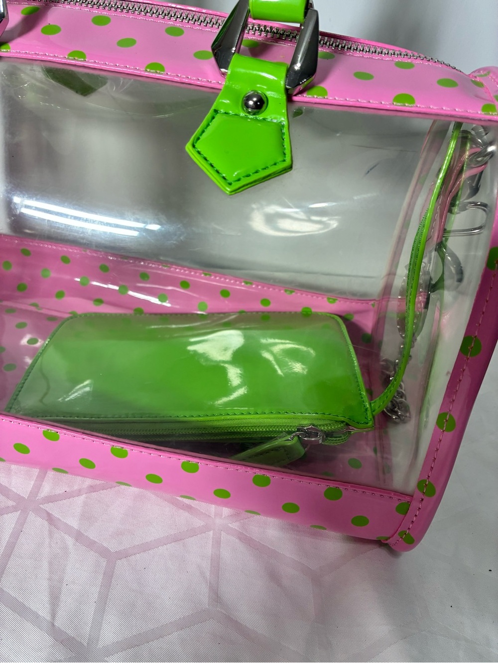 Stadium approved Clear bag NWT Dustbag bagcharm incl. pink lime green polkadot - Picture 11 of 17